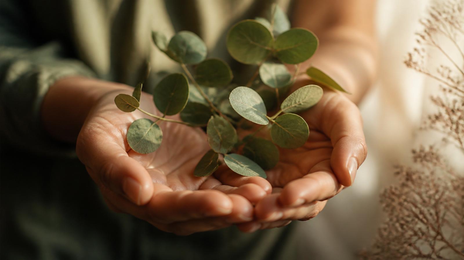 Cupped hands cradling fresh eucalyptus in warm sunlight — a metaphor for care, growth, and healing