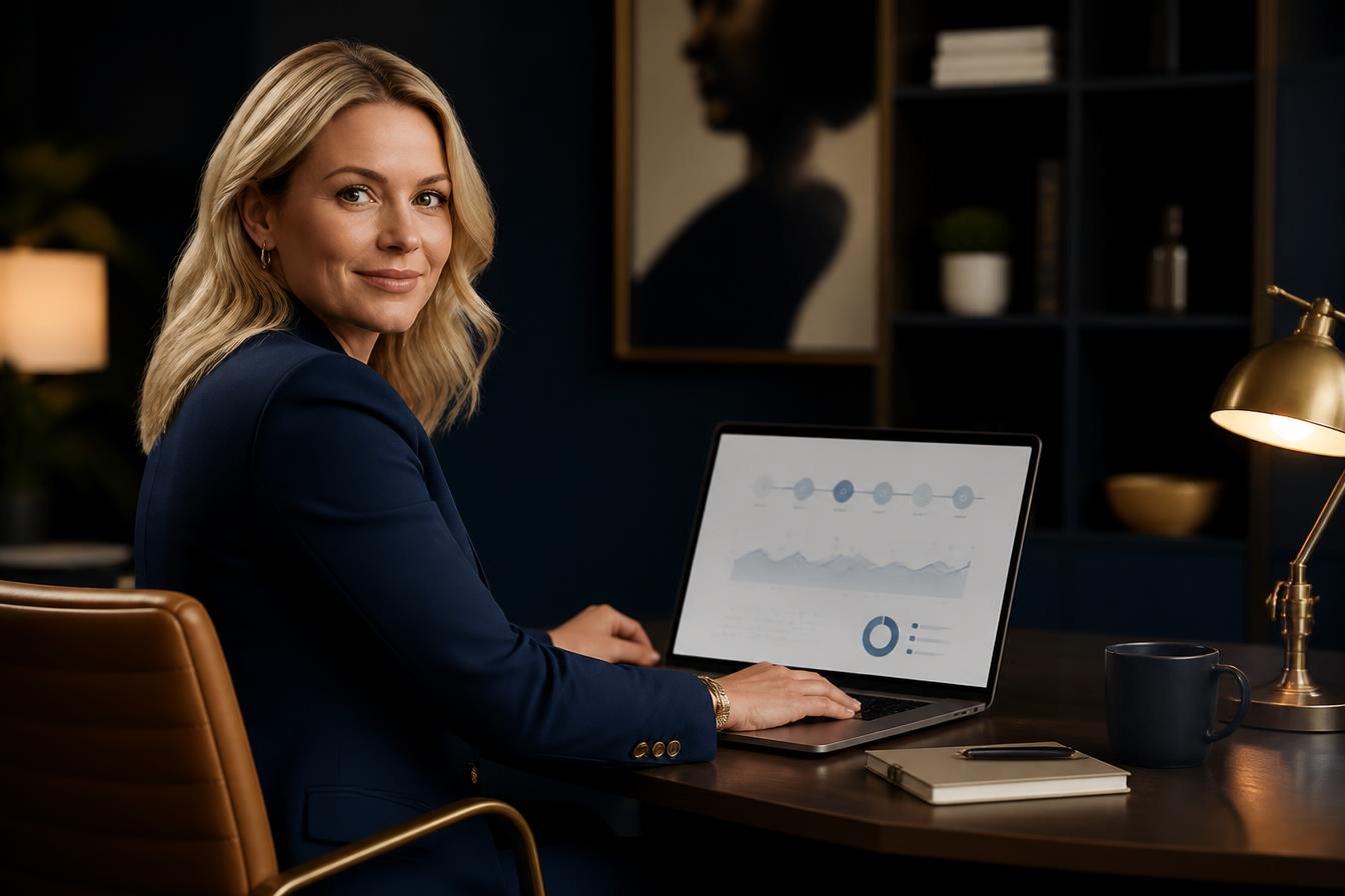 Healthcare marketing leader reviewing strategy in a modern navy office — executive partnership for growth-stage healthcare organizations