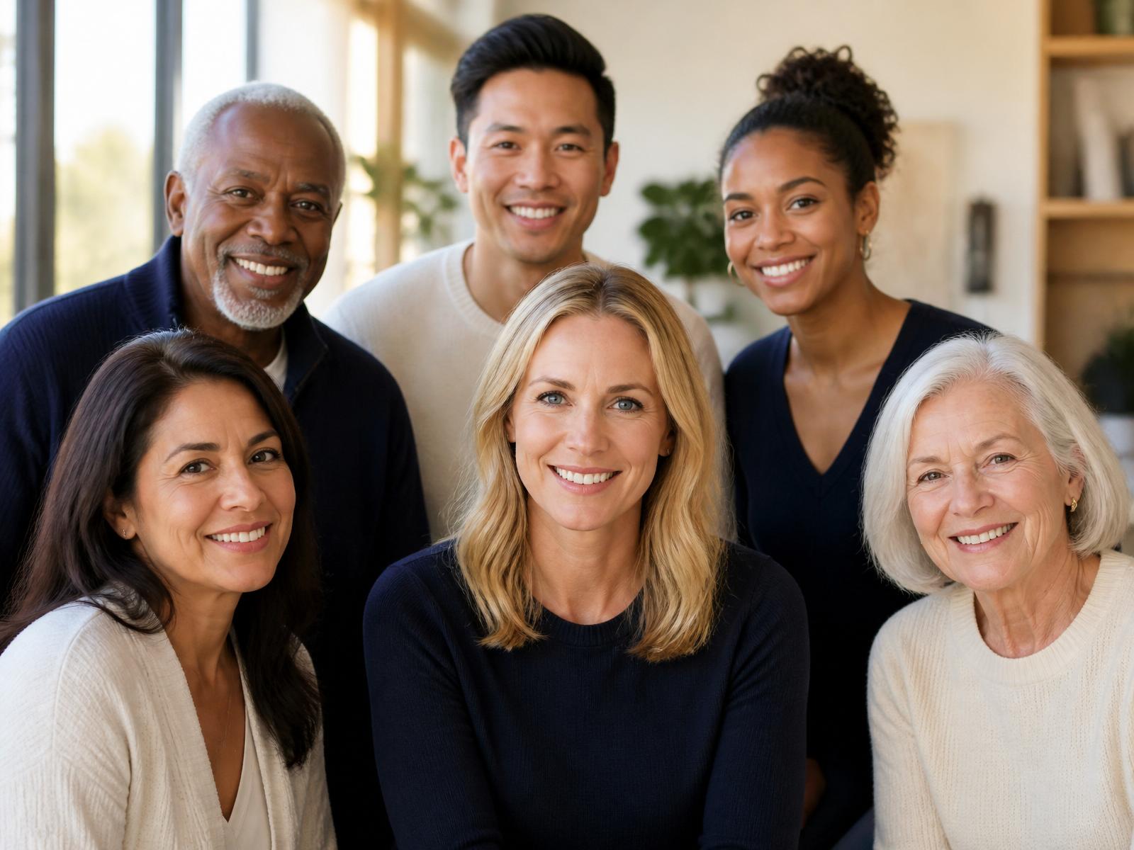 A diverse group of happy, healthy people in a warm modern wellness space — the communities healthcare exists to serve