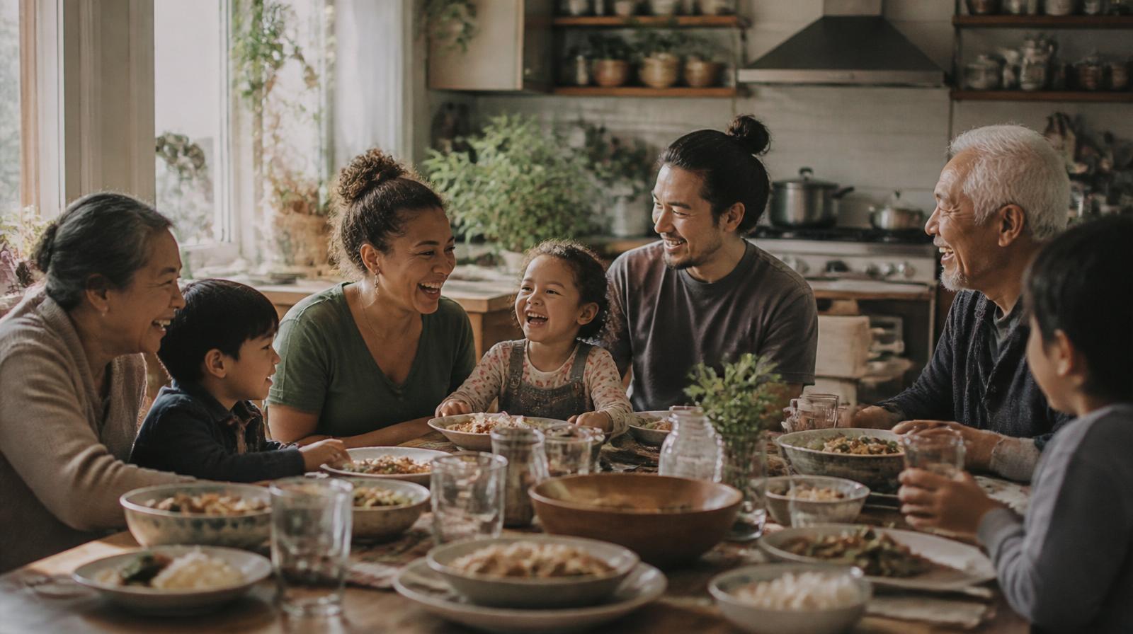 A multigenerational family sharing a meal and laughter around a sunlit table — the people healthcare exists to serve