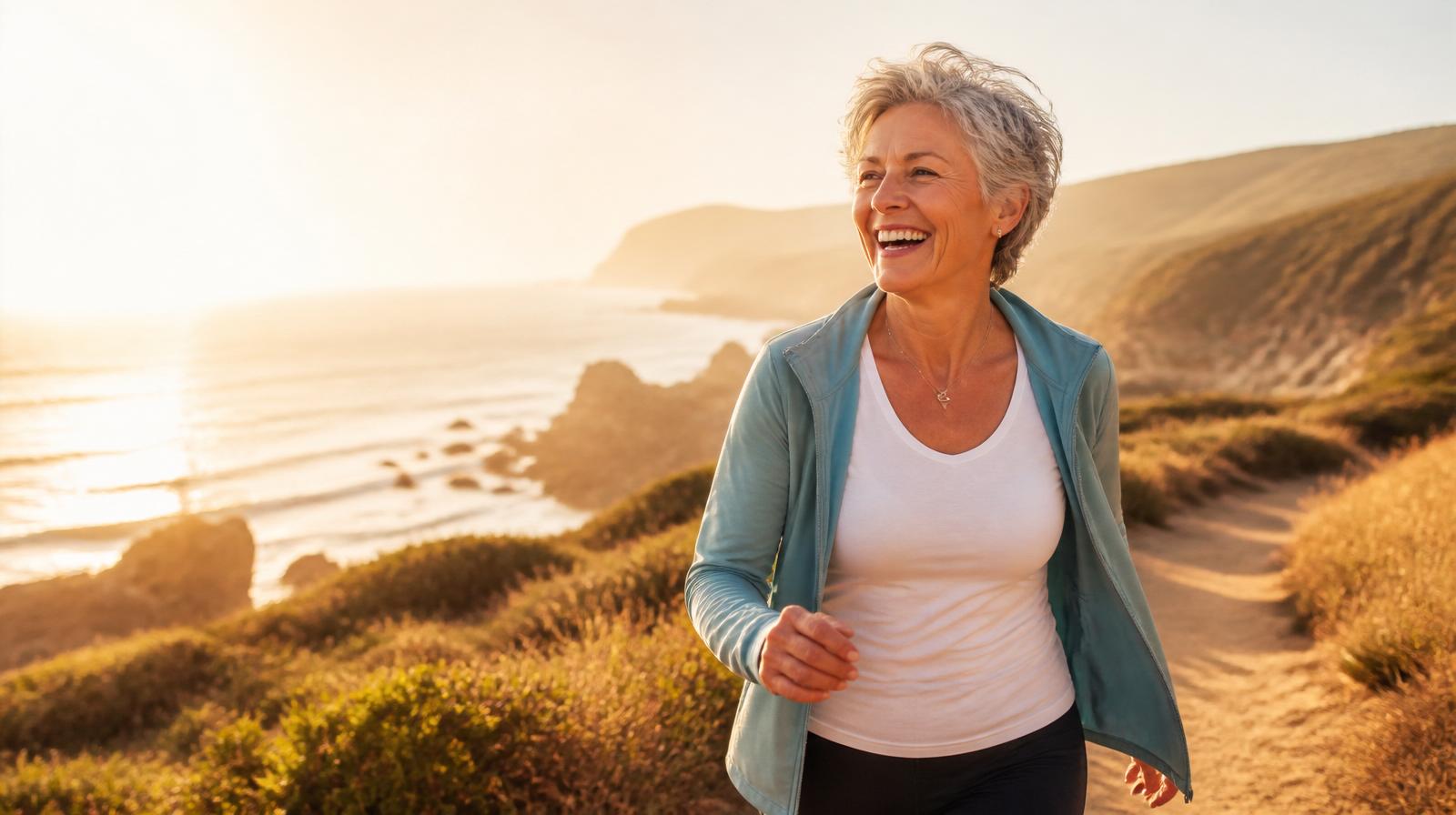 A vibrant woman laughing on a coastal trail at sunrise — the promise of living well