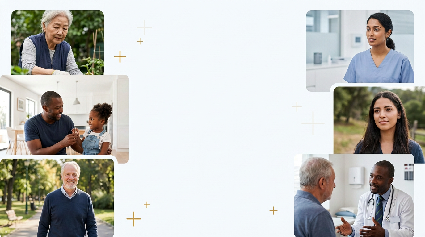 Lifestyle collage of older and younger people from diverse backgrounds, a father and daughter, and healthcare providers caring for patients.