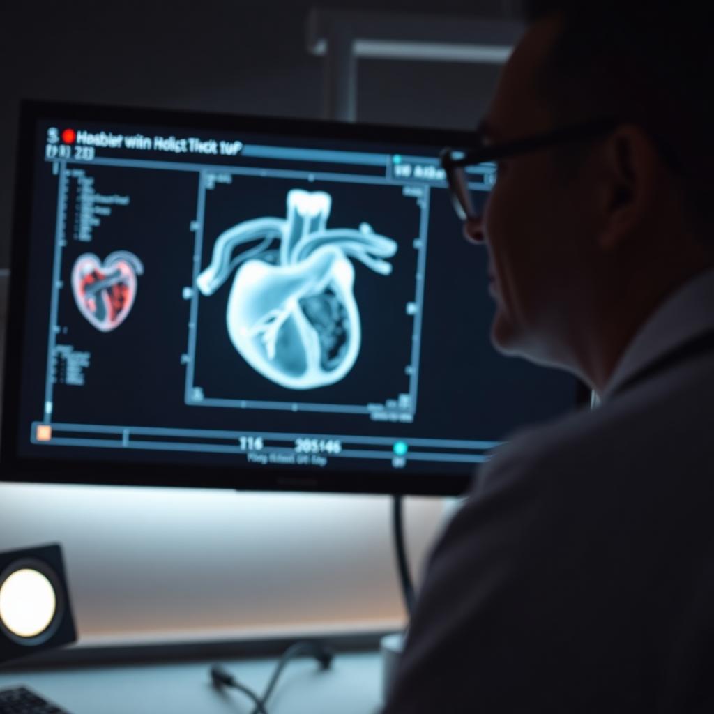 A cardiologist reviewing a 3D heart scan on a monitor