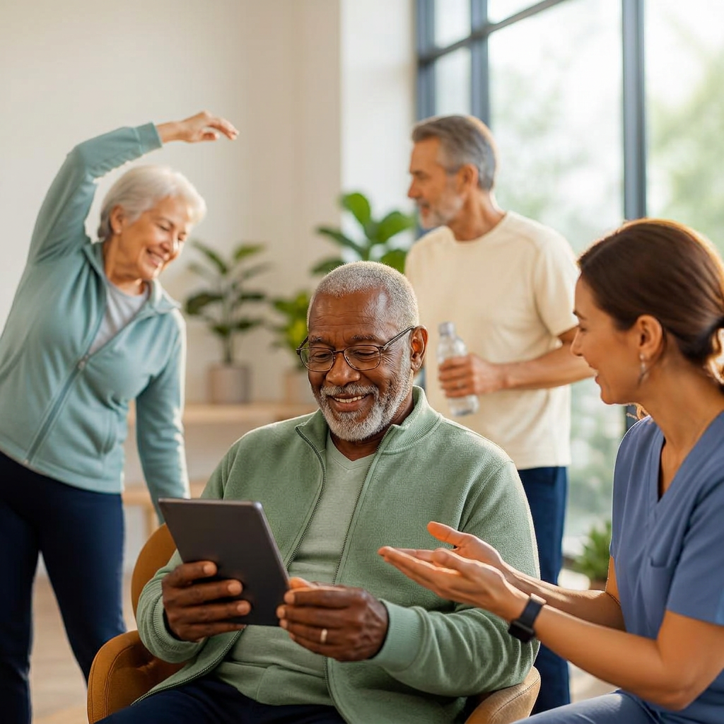 Older adults engaged in their health with a wellness coach and digital health tools